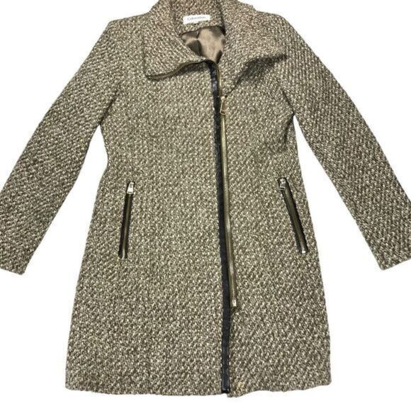 Calvin Klein Tweed Wool Pea Coat Brown Faux Leather Trim Classic Dressy Business - Picture 3 of 15